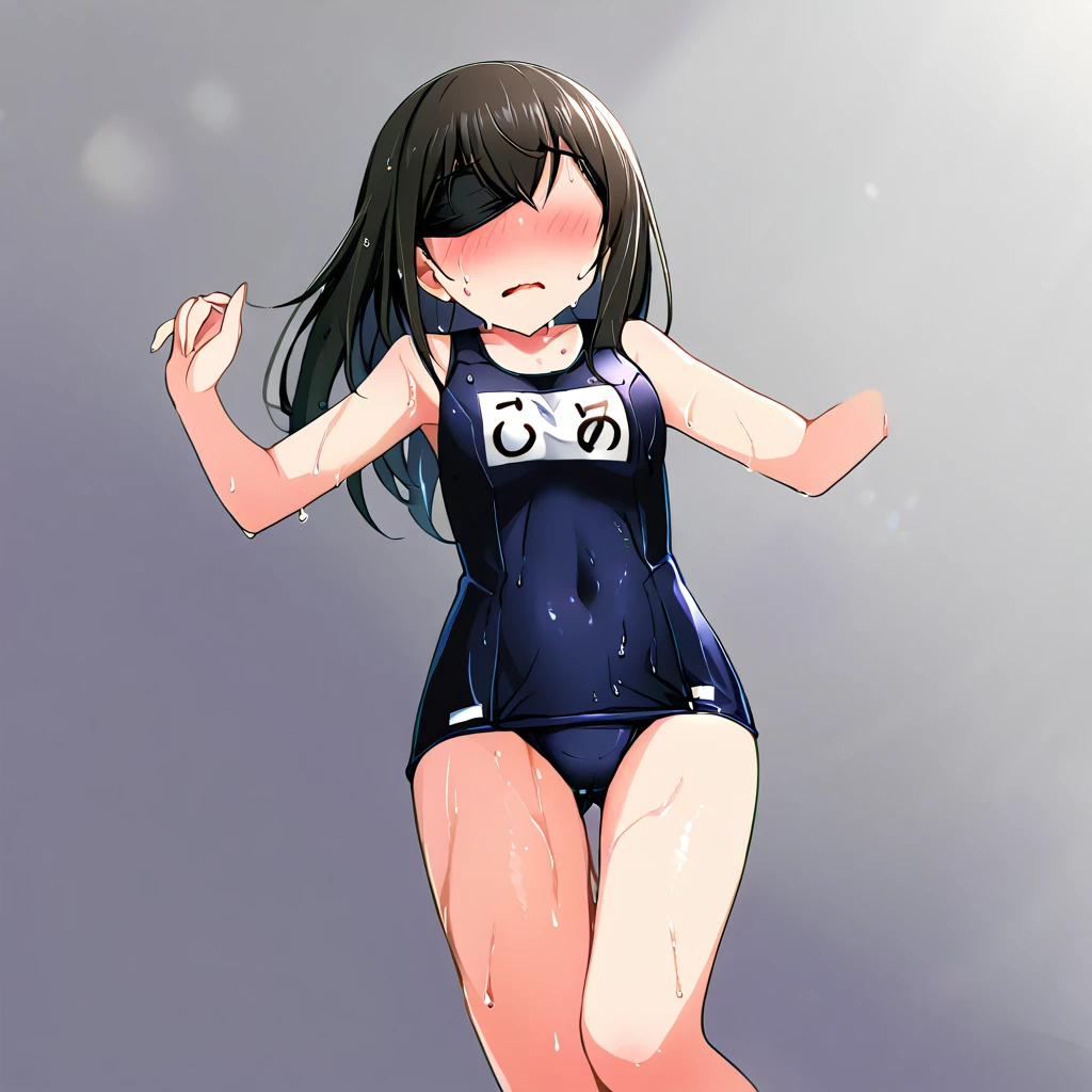 masterpiece, (solo:2), (1 girl:1.5), (FumikaSagisawa, score_9, score_8_up, score_7_up, source_anime, sgswfmk), (long hair), (black hair), (full body), (school swimsuit), (huge tits), blindfold, blush, sweat, wet, (lips apart), swimming in tha pool,