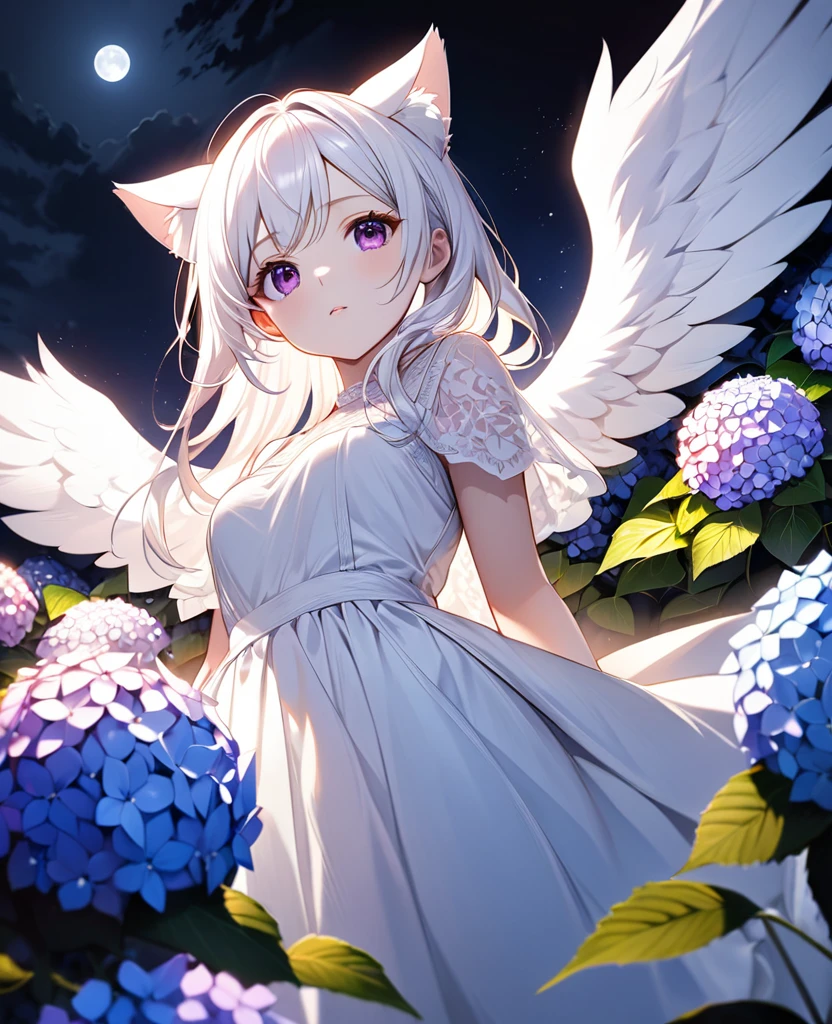 Attractive long white hair, Detailed and precise manual work, Attractive girl, White cat ears, look at me, Purple eyes and white eyelashes,Her cheeks turned red,The girl has white wings, A subject that stands out against the dark night sky,A lot of hydrangeas, White Dress, Dramatic moonlight that makes your subject stand out, Dynamic shot from below,