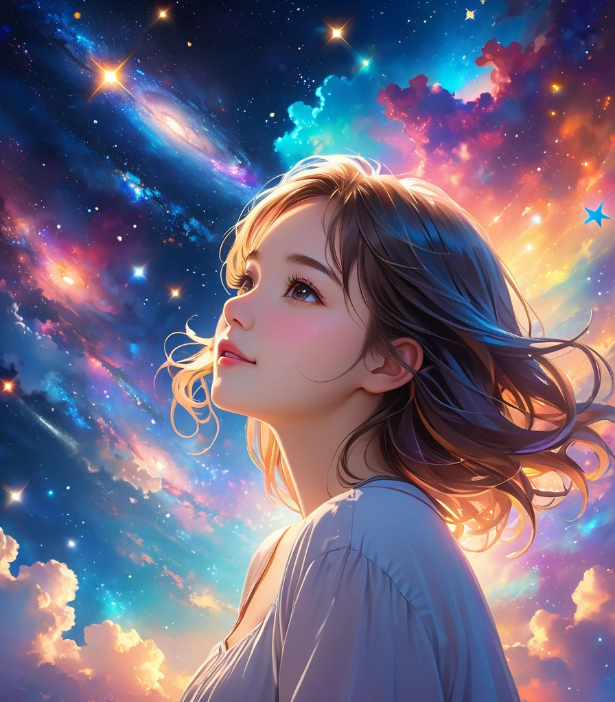 high detail, Super details, ultra high resolution, Girl enjoying time in dreamy galaxy, surrounded by stars, Warm light shines on her, The background is starry sky,There are colorful galaxies and galaxy clouds, Stars are flying around her, delicate face, Add a playful atmosphere ,