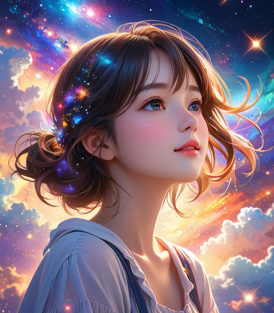 high detail, Super details, ultra high resolution, Girl enjoying time in dreamy galaxy, surrounded by stars, Warm light shines on her, The background is starry sky,There are colorful galaxies and galaxy clouds, Stars are flying around her, delicate face, Add a playful atmosphere ,