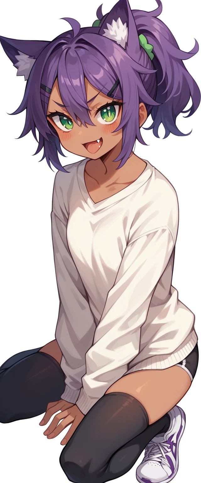 highres,1girl,animal ears,bangs,blush,red and green odd eyes,open mouth,fang,dark-skinned female,hair between eyes,hair ornament,hairclip,looking at viewer,smile,solo,v-shaped eyebrows,thighhighs,sneakers,tongue,gal,KEMOMIMI,ponytail,Short messy hair,purple hair,two or more colors,white background,simple background,underwear,sweater,