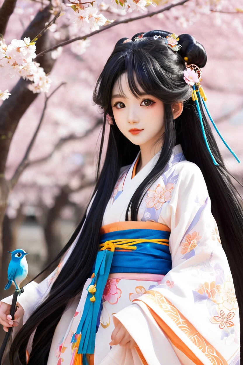 "Illustrate a charming anime  character with long, flowing black hair adorned with cute accessories, dressed in a traditional yet fantastical outfit inspired by East Asian aesthetics. The character should have big, expressive eyes and a sweet, innocent expression, holding a small mystical fan or a ceremonial staff. The background should feature elements like cherry blossoms, ancient temples, or enchanted forests, with a serene and magical atmosphere. The art style should be highly detailed and vibrant, reflecting a blend of traditional and fantasy themes, emphasizing the character's youthful and adorable appearance."