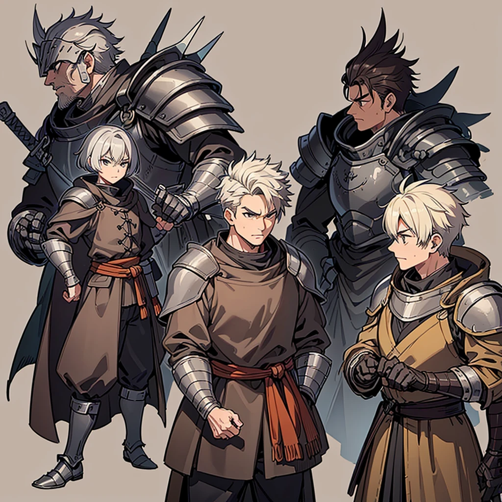 ((Full body character concept, Detailed character design))、Highest quality, Best Quality,Best illustrations、（Hairstyle：Spiky Hair、Short Hair）、(Iron Helmet)、Medieval Armor、(Brown clotheedieval bandits、Full grey armor、(((40歳のuncle、uncle、male)))、Dynamic pose、Movement angle、Grab the sword、Living in the desert、(Fighting stance)、Run、early(((Simple Background)))、(From the side、profile)、いろいろなHairstyle