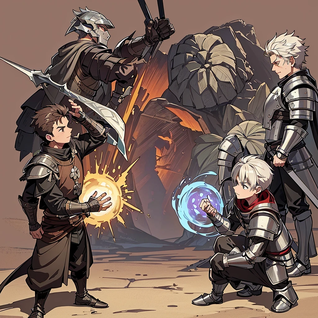 ((Full body character concept, Detailed character design))、Highest quality, Best Quality,Best illustrations、(Hairstyle:Spiky Hair、Short Hair)、(Iron Helmet)、Medieval Armor、(Brown clotheedieval bandits、Full grey armor、(((40歳のuncle、uncle、male)))、Dynamic pose、Movement angle、Grab the sword、Living in the desert、(Fighting stance)、Run、early(((Simple Background)))、(From the side、profile)、いろいろなHairstyle