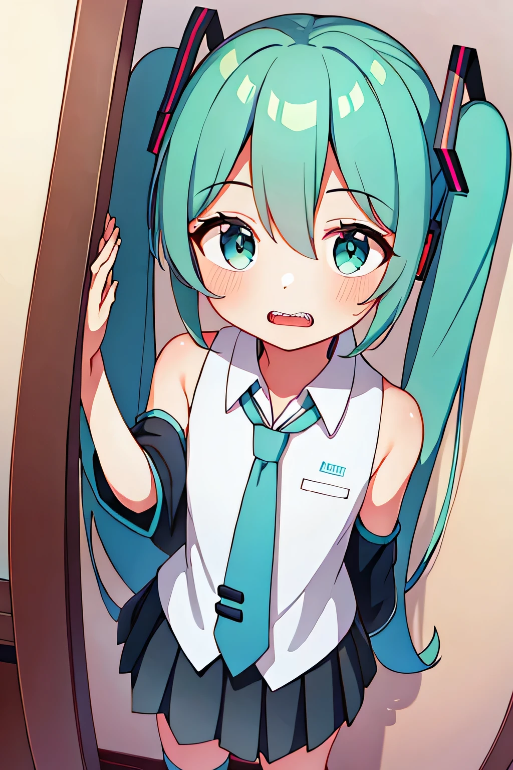 (masterpiece, Highest quality:1.3), One male , Front hair, green_hair, blush, brown_eye, bulge, Cosplay, Women, independent_sleeve, Embarrassing, eyelash, Hatsune_Miku_(Cosplay), Holding, Holding_Telephone, indoor, male_concentrated, mirror, tie, ototeeth_no_teeth, Telephone, Pleats_skirt, Selfie, shirt, skirt, No sleeve, No sleeve_shirt, alone, spring_Onion, Are standing, Sweat, Knee socks, Twin tails, umbrella, wig