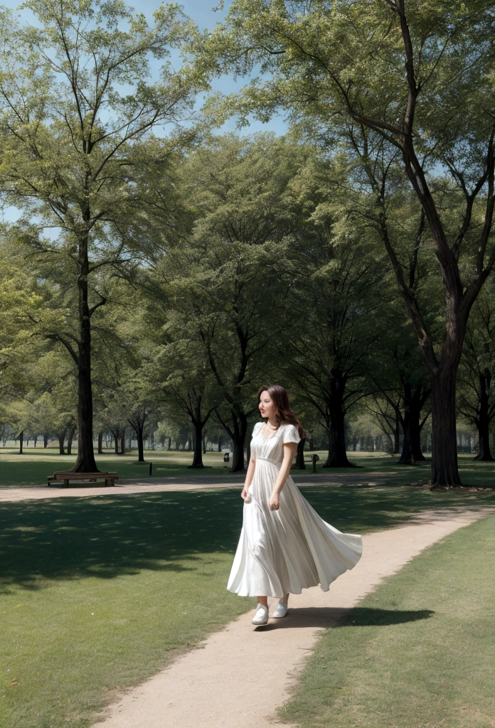 A person walking in the park, Wearing a flowing dress