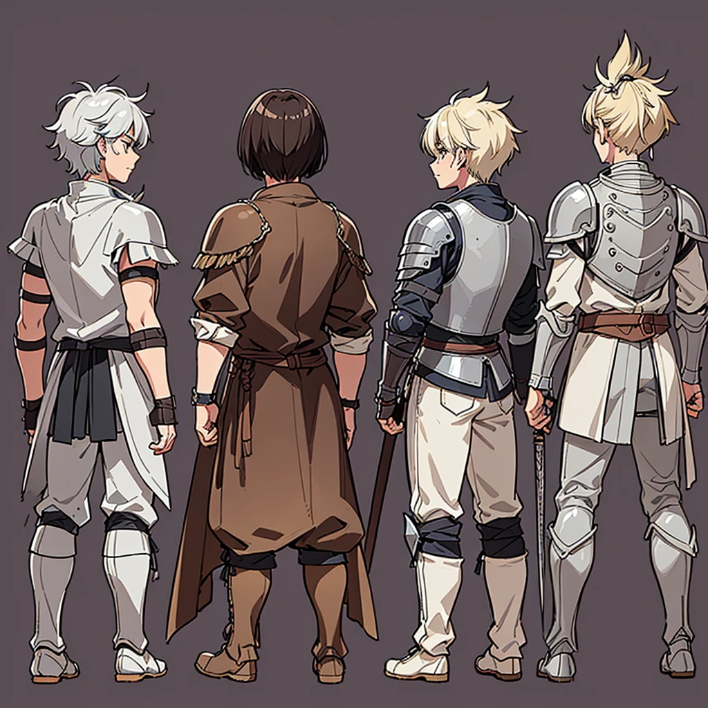 ((Full body character concept, Detailed character design))、Highest quality, Best Quality,Best illustrations、(Hairstyle:Spiky Hair、Short Hair)、(Iron Helmet)、Medieval Armor、(Brown clotheedieval bandits、Full grey armor、(((40歳のuncle、uncle、male)))、Dynamic pose、Movement angle、Grab the sword、Living in the desert、(Fighting stance)、Run、early(((Simple Background)))、(From the back、Back view)、いろいろなHairstyle