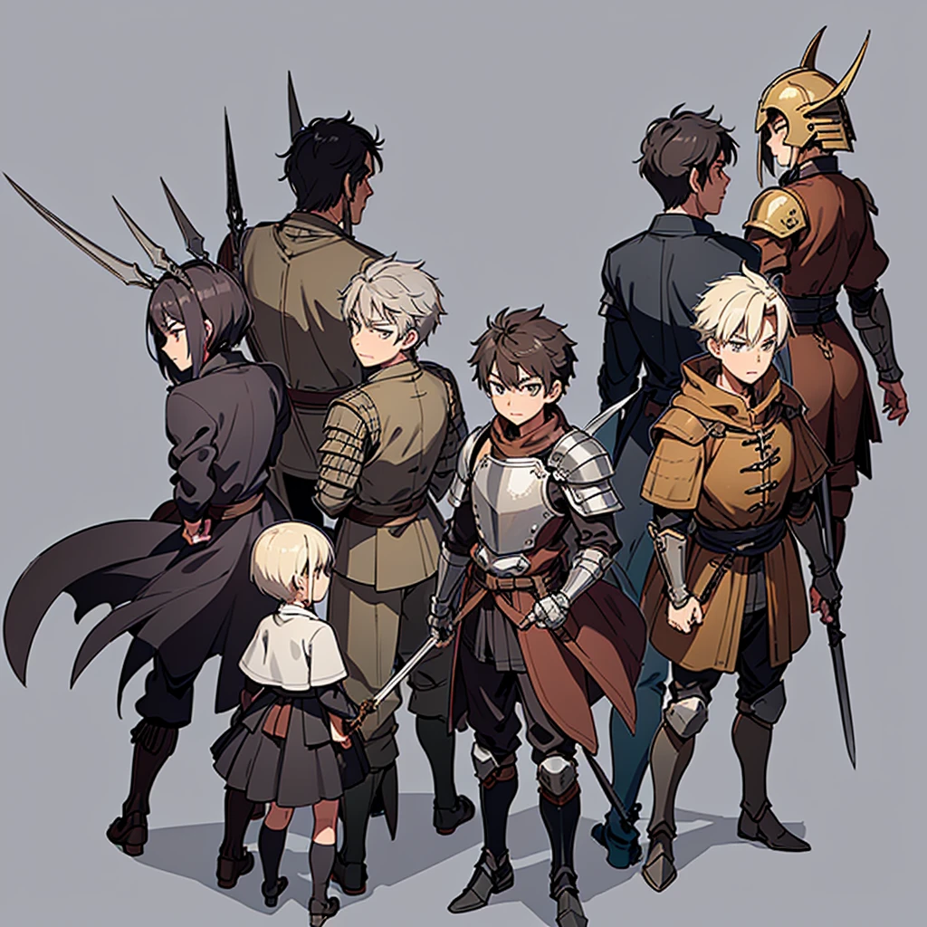 ((Full body character concept, Detailed character design))、Highest quality, Best Quality,Best illustrations、（Hairstyle：Spiky Hair、Short Hair）、(Iron Helmet)、Medieval Armor、(Brown clotheedieval bandits、Full grey armor、(((40歳のuncle、uncle、male)))、Dynamic pose、Movement angle、Grab the sword、Living in the desert、(Fighting stance)、Run、early(((Simple Background)))、(From the back、Back view)、いろいろなHairstyle