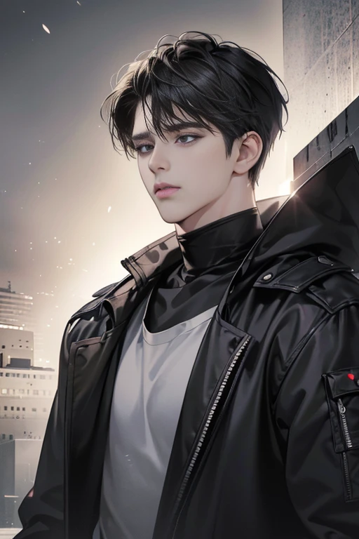(best quality digital art digital illustration 4k high resolution beautiful image hyper-detailed image perfect lines soft lighting night environment soft zoom perfect face) (1:1 photorealistic) (neutral colors hdr 1.4) an adult 25 year old man (expressionless black eyes) hair medium black modern clothes dystopia,default black background