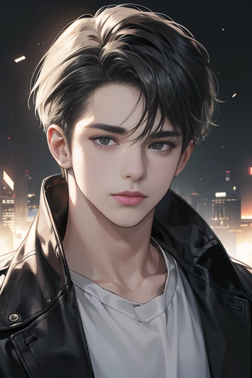 (best quality digital art digital illustration 4k high resolution beautiful image hyper-detailed image perfect lines soft lighting night environment soft zoom perfect face) (1:1 photorealistic) (neutral colors hdr 1.4) an adult 25 year old man (expressionless black eyes) hair medium black modern clothes dystopia,default black background