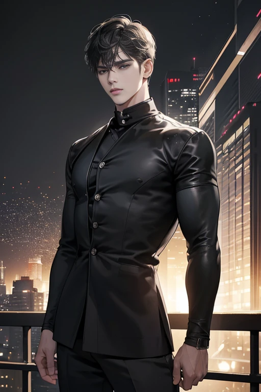 (best quality digital art digital illustration 4k high resolution beautiful image hyper-detailed image perfect lines soft lighting night environment soft zoom perfect face) (1:1 photorealistic) (neutral colors hdr 1.4) an adult 25 year old man (expressionless black eyes) hair medium black modern clothes dystopia,default black background