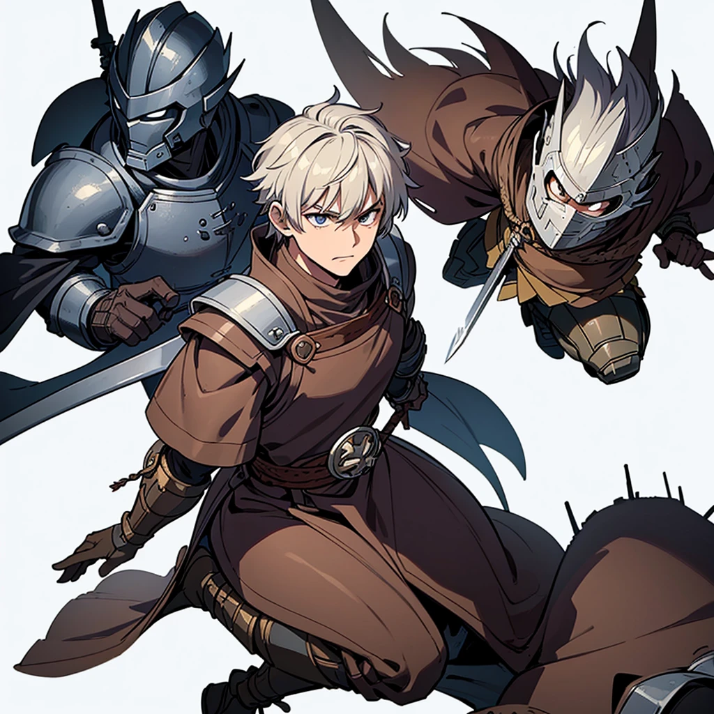 ((Full body character concept, Detailed character design))、Highest quality, Best Quality,Best illustrations、（Hairstyle：Spiky Hair、Short Hair）、(((Iron Helmet)))、Medieval Armor、(Brown clothes)、Medieval bandits、Full grey armor、(((40歳のuncle、uncle、male)))、Dynamic pose、Movement angle、Grab the sword、Living in the desert、(Fighting stance)、Run、early、(((White background)))、(From above)