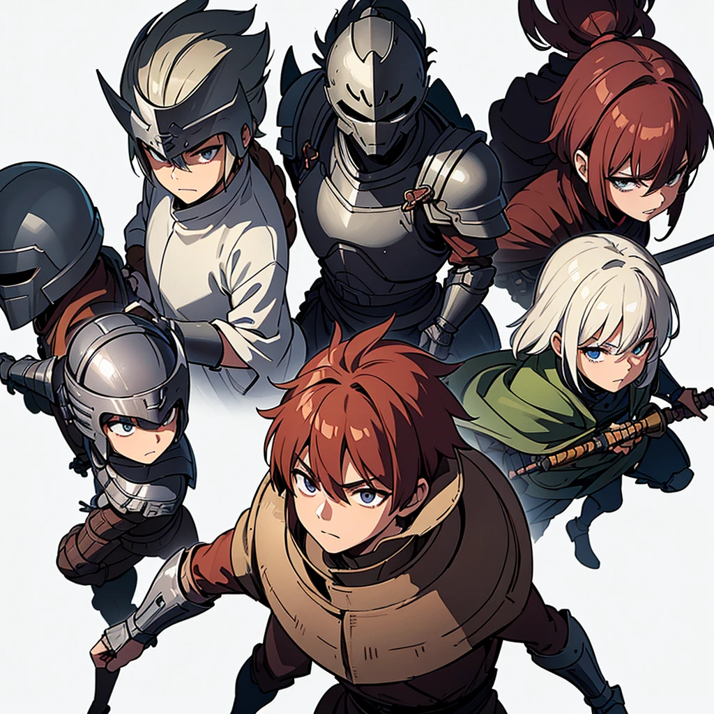 ((Full body character concept, Detailed character design))、Highest quality, Best Quality,Best illustrations、（Hairstyle：Spiky Hair、Short Hair）、(((Iron Helmet)))、Medieval Armor、(Brown clothes)、Medieval bandits、Full grey armor、(((40歳のuncle、uncle、male)))、Dynamic pose、Movement angle、Grab the sword、Living in the desert、(Fighting stance)、Run、early、(((White background)))、(From above)