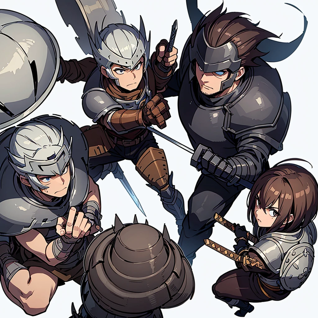 ((Full body character concept, Detailed character design))、Highest quality, Best Quality,Best illustrations、（Hairstyle：Spiky Hair、Short Hair）、(((Iron Helmet)))、Medieval Armor、(Brown clothes)、Medieval bandits、Full grey armor、(((40歳のuncle、uncle、male)))、Dynamic pose、Movement angle、Grab the sword、Living in the desert、(Fighting stance)、Run、early、(((White background)))、(From above)
