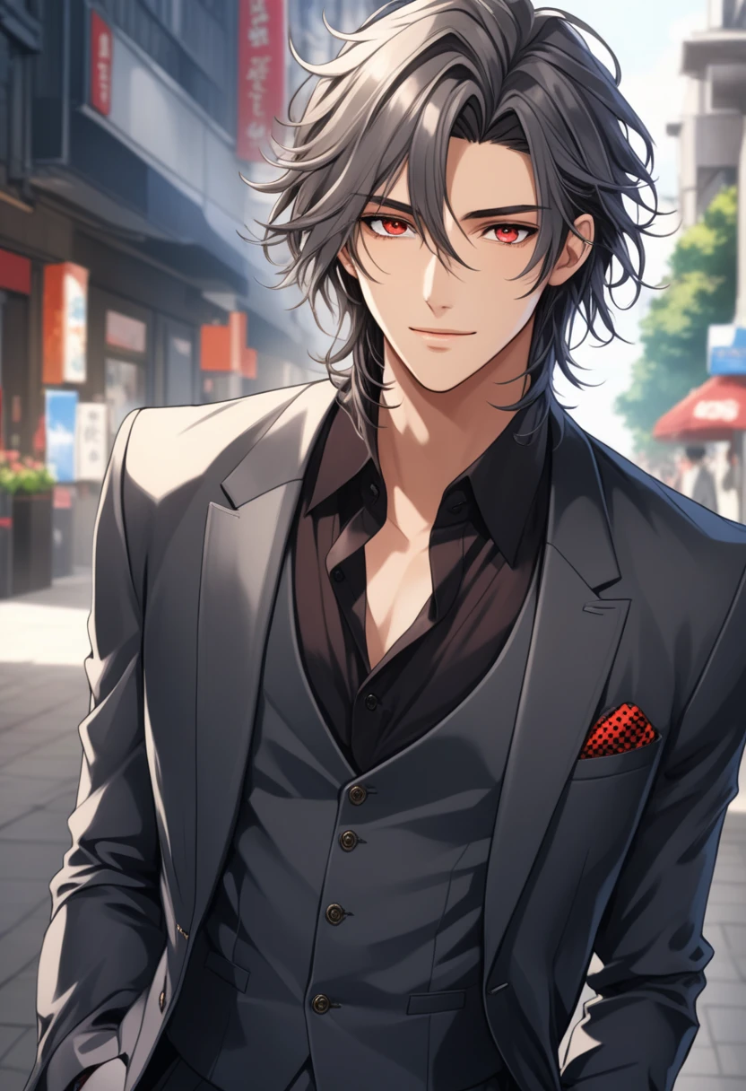 extremely beautiful guy, Black slightly disheveled hair just above the shoulders, A 20-year-old boy with a handsome face, dark-grey eyes with red pupils-crosses, beautiful guy face, accessories, soft smile, beautiful clothes, beautiful guy, accessories, suit, unusual clothes, Slightly unbuttoned shirt, general suit, haircut cascade, anime, hair by shoulders, Shoulder length hair, solo, 1 person