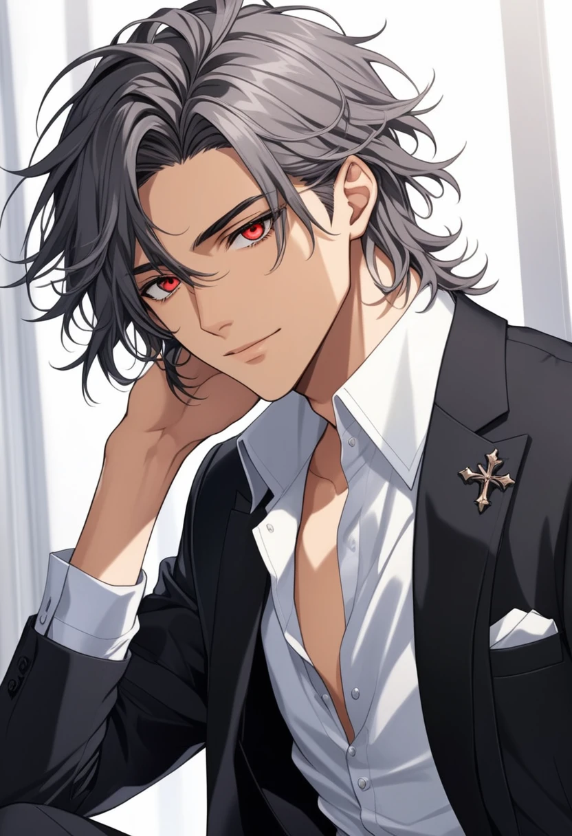 extremely beautiful guy, Black slightly disheveled hair just above the shoulders, A 20-year-old boy with a handsome face, dark-grey eyes with red pupils-crosses, beautiful guy face, accessories, soft smile, beautiful clothes, beautiful guy, accessories, suit, unusual clothes, Slightly unbuttoned shirt, general suit, haircut cascade, anime, hair by shoulders, Shoulder length hair, solo, 1 person