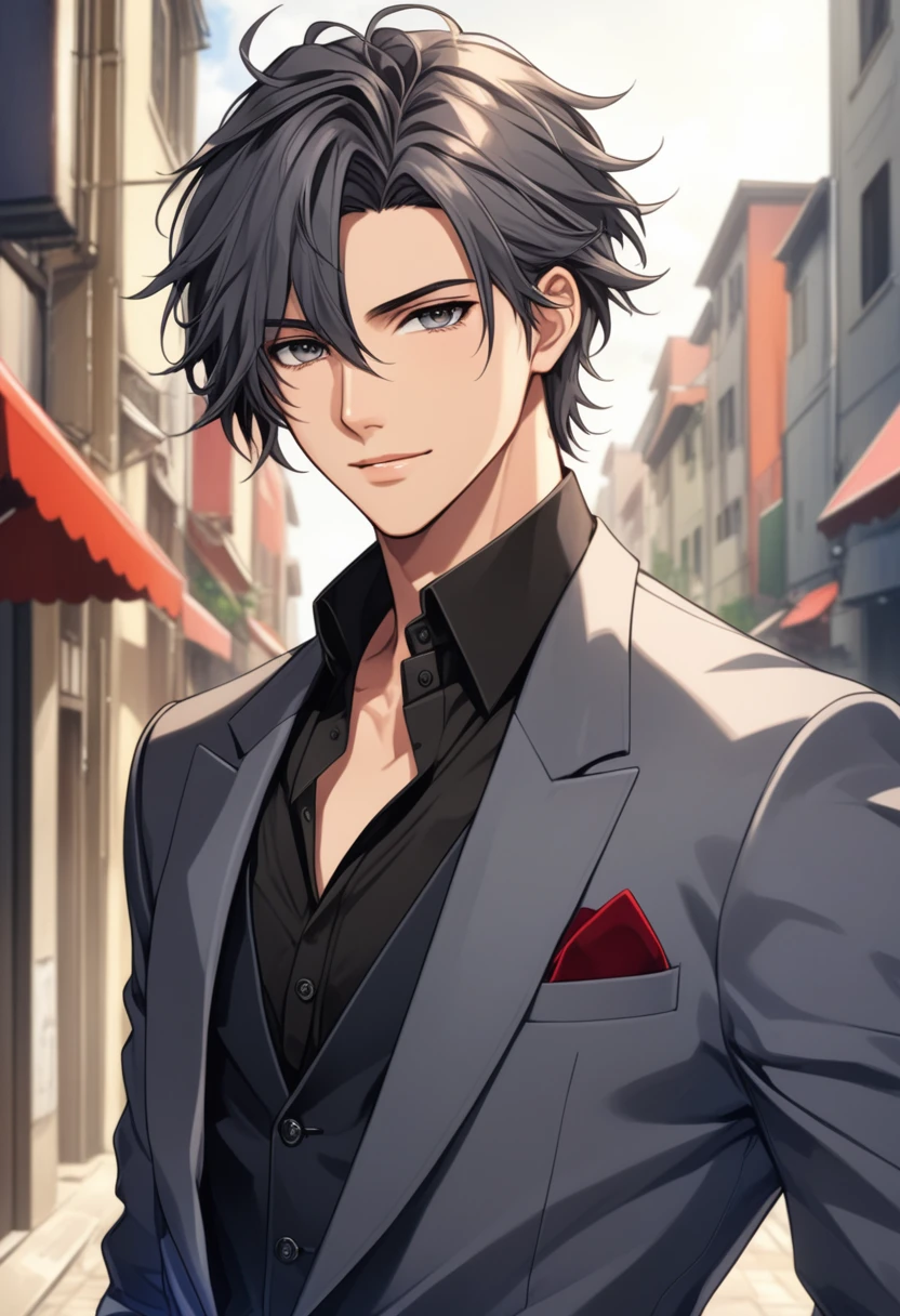 extremely beautiful guy, Black slightly disheveled hair just above the shoulders, A 20-year-old boy with a handsome face, dark-grey eyes with red pupils-crosses, beautiful guy face, accessories, soft smile, beautiful clothes, beautiful guy, accessories, suit, unusual clothes, Slightly unbuttoned shirt, general suit, haircut cascade, anime, hair by shoulders, Shoulder length hair, solo, 1 person