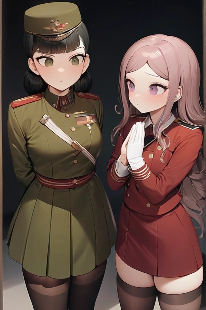 ((Best quality)), ((masterpiece)), (detailed), Kaede Akamatsu from Danganronpa in the uniform of the Soviet army, Tenko Chabashira from Danganronpa in the uniform of the Soviet army, , stockings