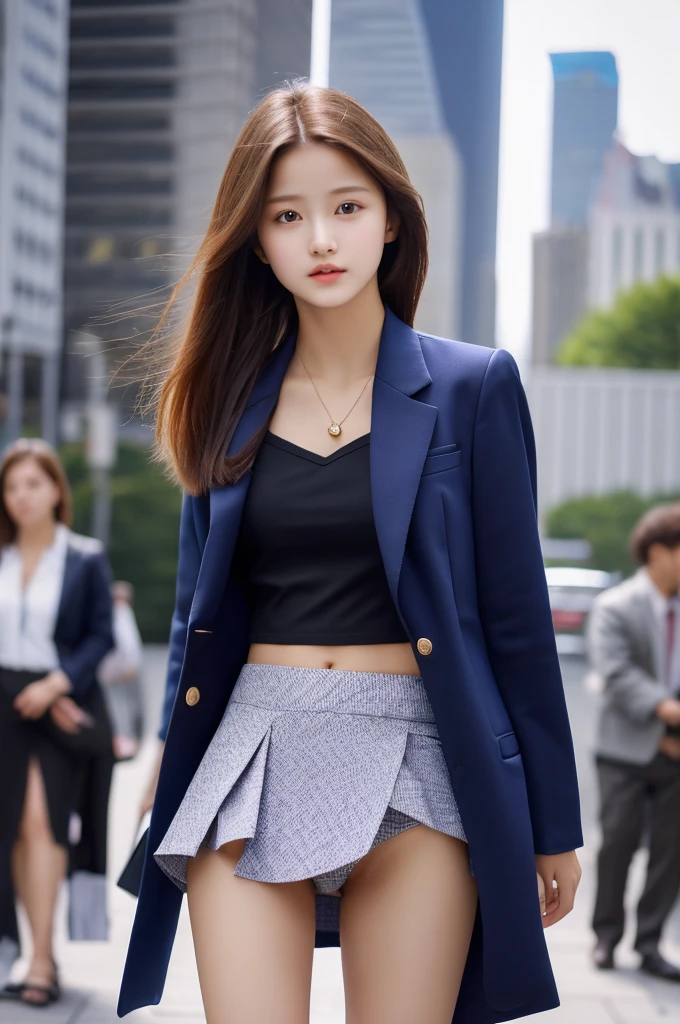 the most beautiful face of a 16 year old actress, perfect proportions of female body, blazer is worn on shirt, female crotch ween bare legs, panties are seeable thanks to skirt is too short, in the city, standing, nsfest quality, highly detailed, masterpiece, ultra high res, photo realistic, 8k