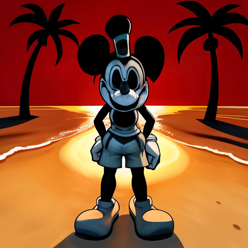 Mickey Mouse, big grey shorts with grey buttons, sailor captain hat, open smile, staring at the viewer, full body, enjoying the place, dynamic fronal angle, beach background, detailed art, palm trees, intricate details