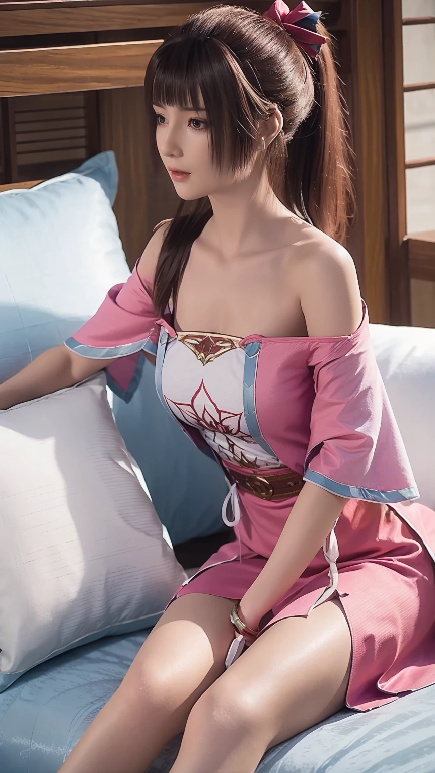 一个女孩Lying in bed，Face up，Raise your legs slightly，Front view super detailed beautiful big breasted girl . Ultra HD, 4k, 8K, Movie，whole body，Lying down，Long legs，Very big breasts，whole body捕捉，（（（Lying in bed））），（（（whole bodyLying in bed））），Pink bed，Off-shoulder，Shoulder-length skirt，Lying in bed，Sleeping on the pillow，Lying down，Headrest pillows