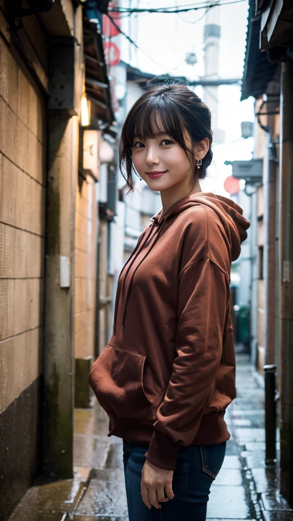 (Highest quality,masterpiece:1.3,Ultra-high resolution),(Super detailed,Caustics,8k), (Photorealistic:1.4, RAW shooting),Japanese,20-year-old,Natural brown short hair,Earrings,Natural Makeup,Red lipstick,smile,Black hoodie,jeans,Rainy Sky,Dim Alley,Low position,Low - Angle,Waist up shot
