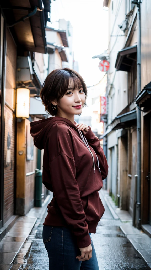 (Highest quality,masterpiece:1.3,Ultra-high resolution),(Super detailed,Caustics,8k), (Photorealistic:1.4, RAW shooting),Japanese,20-year-old,Natural brown short hair,Earrings,Natural Makeup,Red lipstick,smile,Black hoodie,jeans,Rainy Sky,Dim Alley,Low position,Low - Angle,Waist up shot