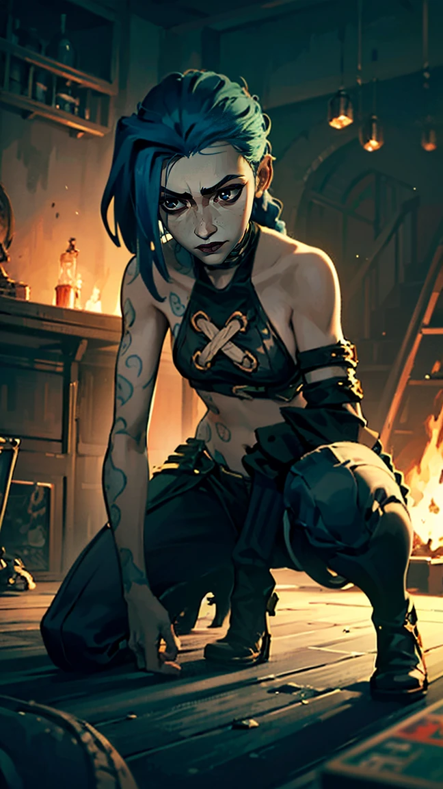 (masterpiece, Best quality), 1 girl, portrait, very sexy, crazy look, smile, crying, pink tears, tears on the cheeks, tears from eyes, full length (full body 1.1.), очень feminine, fighting stance, battle, fire, explosions, burning city, beautiful waist, gloomy composition, flame, fire, Flash, very beautiful, feminine, long hair, hair braided in long braids, very sexy, tight leather pants, emphasis on the eyes, face accent, Beautiful face, Hands, Hair, Haired ponytail, red purple eyes, Джинкс crying, Blue cloud tattoo, (masterpiece, Best quality), Side lighting, beautiful detailed eyes, crazy face), (Best quality), (masterpiece), magic photography, Spectacular lighting, Photorealism, ultra detailed, интимная portraitная композиция, 1. 4,8 k UHD, aesthetic, Cd., A high resolution, 8 k, better lighting, Best shade, Ultra-HD, A high resolution, sharp focus, complex background, Cinematic lighting, ((Landscape view)), 4K block, (better lighting), ((Cinematic lighting)),