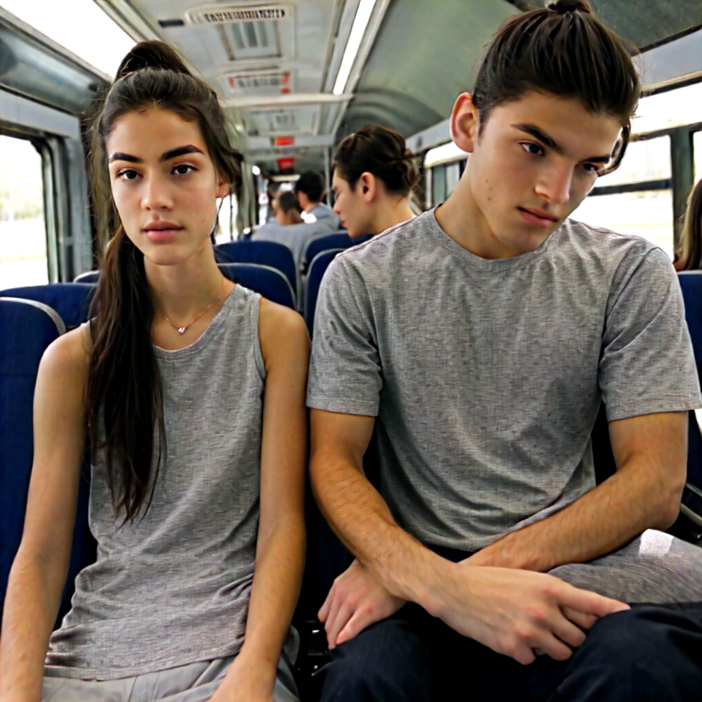 To people sitting across the aisle on the bus, there is one girl and one boy. The girl is tall and skinny has long, dark hair that she often ties up in a ponytail, and gentle brown eyes. Next to her is the boy, He has bright yellow hair. He has a lean build and stands at an average height.