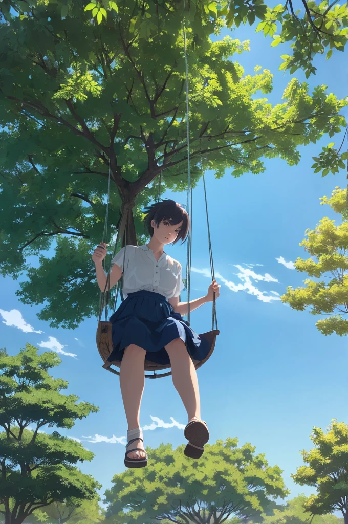 
“Create an anime-style illustration in the style of Makoto Shinkai. The scene features a vast, majestic blue sky framed by the branches of a large, leafy tree. Sunlight filters through the leaves, casting a serene glow. In the center, a woman is sitting on a swing suspended in mid-air. The overall atmosphere should be peaceful and contemplative.”