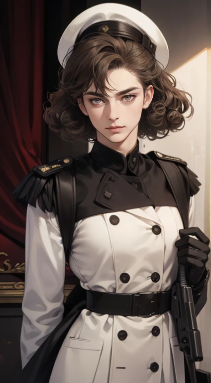 Masterpiece, Best quality, Realistic, 1 person, Mature male, Quiet and charming  man, 35 years old, , Extremely detailed face, ((dark gray eyes)), ((Right sweep dark brown short hair)),((curlies)), [Thick eyebrows], Detective, International city, White color blouse,Black police uniform， Black hat，Cinematic lighting, holding a gun in her hand, Postural dynamics,eyes looking at viewer，On the main road