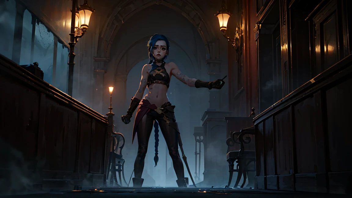 (masterpiece, Best quality), 1 girl, portrait, very sexy, crazy look, smile, crying, pink tears, tears on the cheeks, tears from eyes, full length (full body 1.1.), очень feminine, fighting stance, battle, fire, explosions, burning city, beautiful waist, gloomy composition, flame, fire, Flash, very beautiful, feminine, long hair, hair braided in long braids, very sexy, tight leather pants, emphasis on the eyes, face accent, Beautiful face, Hands, Hair, Haired ponytail, red purple eyes, Джинкс crying, Blue cloud tattoo, (masterpiece, Best quality), Side lighting, beautiful detailed eyes, crazy face), (Best quality), (masterpiece), magic photography, Spectacular lighting, Photorealism, ultra detailed, интимная portraitная композиция, 1. 4,8 k UHD, aesthetic, Cd., A high resolution, 8 k, better lighting, Best shade, Ultra-HD, A high resolution, sharp focus, complex background, Cinematic lighting, ((Landscape view)), 4K block, (better lighting), ((Cinematic lighting)),