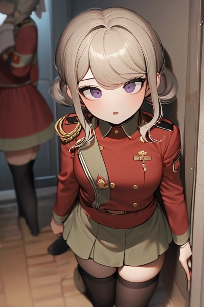 ((Best quality)), ((masterpiece)), (detailed), Kaede Akamatsu from Danganronpa in the uniform of the Soviet army, Tenko Chabashira from Danganronpa in the uniform of the Soviet army, , stockings