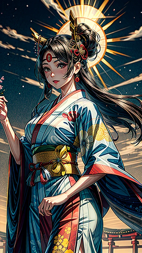“Depict Amaterasu Omikami, the Japanese sun goddess, with radiant light and traditional Shinto attire.”