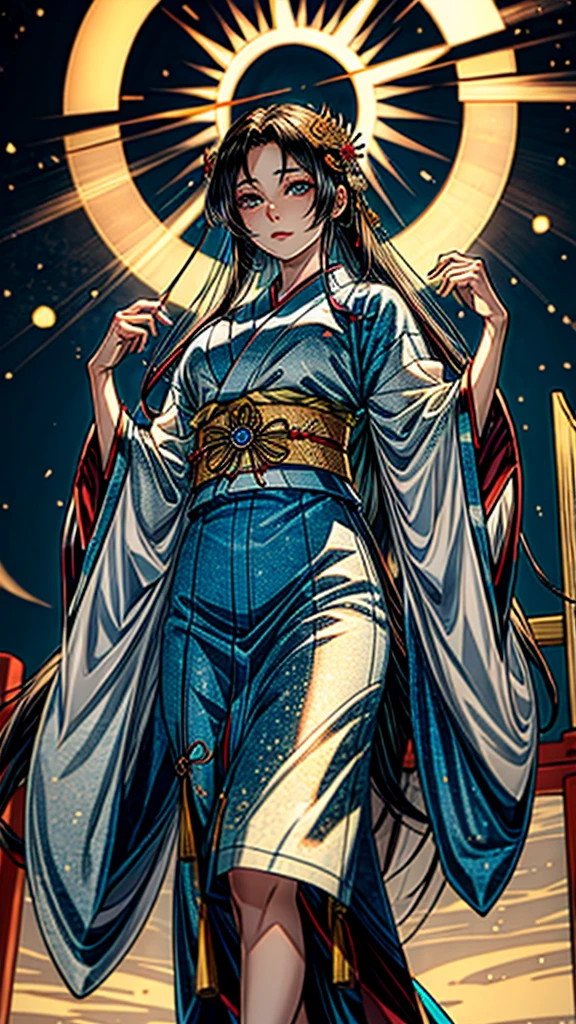 “Depict Amaterasu Omikami, the Japanese sun goddess, with radiant light and traditional Shinto attire.”