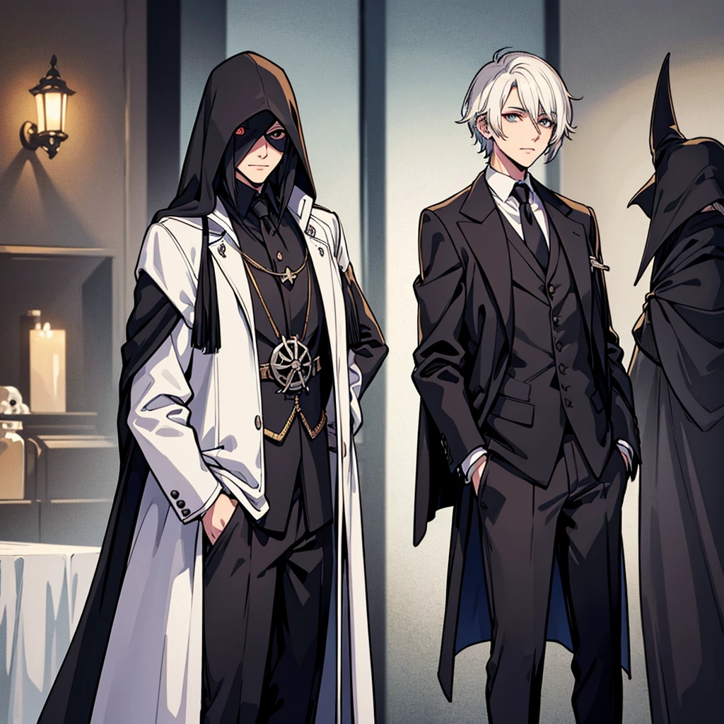 Put your hands in your pockets, Hair stands on end, Final Fantasy, Plague doctor,Young Man, Fantasy, good looking ,Talk a lot, middle ages, Short Hair, white jacket Plague doctor,Portraiture、From below、Glowing Eyes