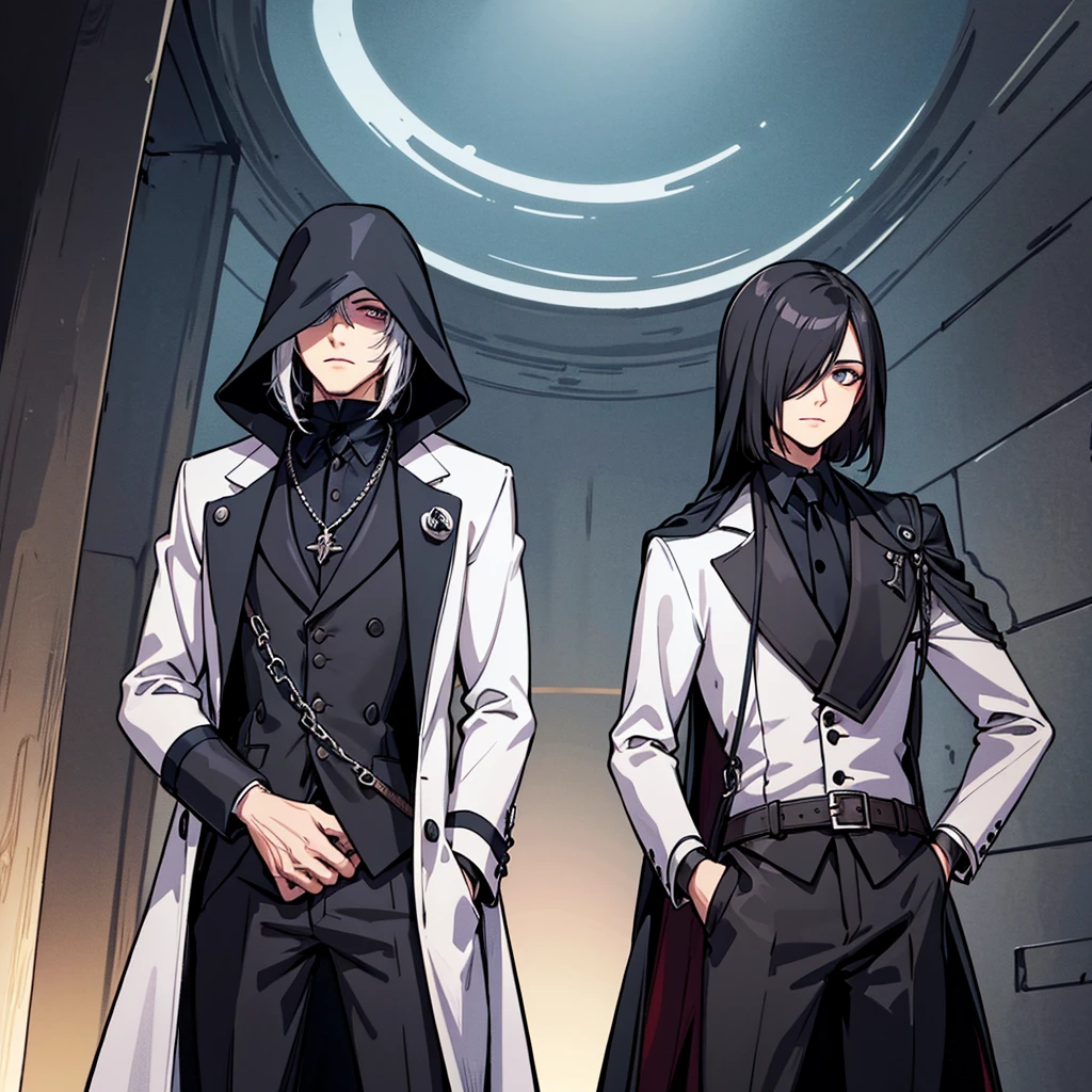 Put your hands in your pockets, Hair stands on end, Final Fantasy, Plague doctor,Young Man, Fantasy, good looking ,Talk a lot, middle ages, Short Hair, white jacket Plague doctor,Portraiture、From below、Glowing Eyes