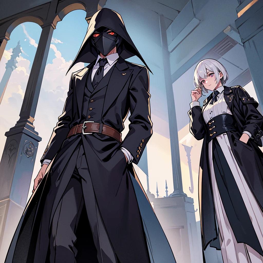 Put your hands in your pockets, Hair stands on end, Final Fantasy, Plague doctor,Young Man, Fantasy, good looking ,Talk a lot, middle ages, Short Hair, white jacket Plague doctor,Portraiture、From below、Glowing Eyes