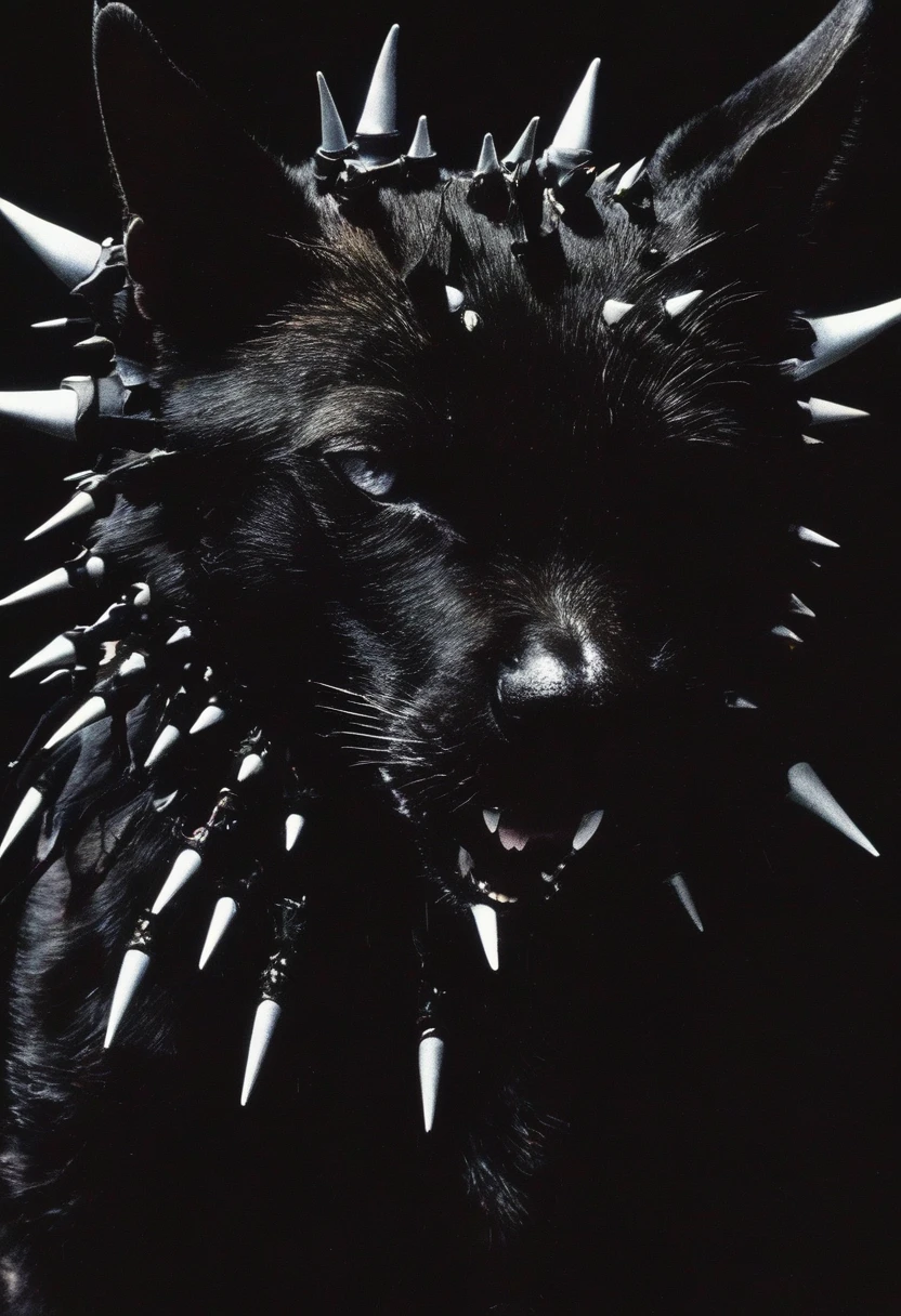 a cat with a spiked collar and spikes on its head is shown in the dark with a black background