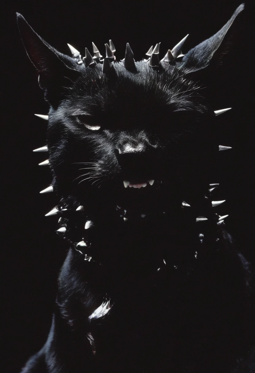 a cat with a spiked collar and spikes on its head is shown in the dark with a black background