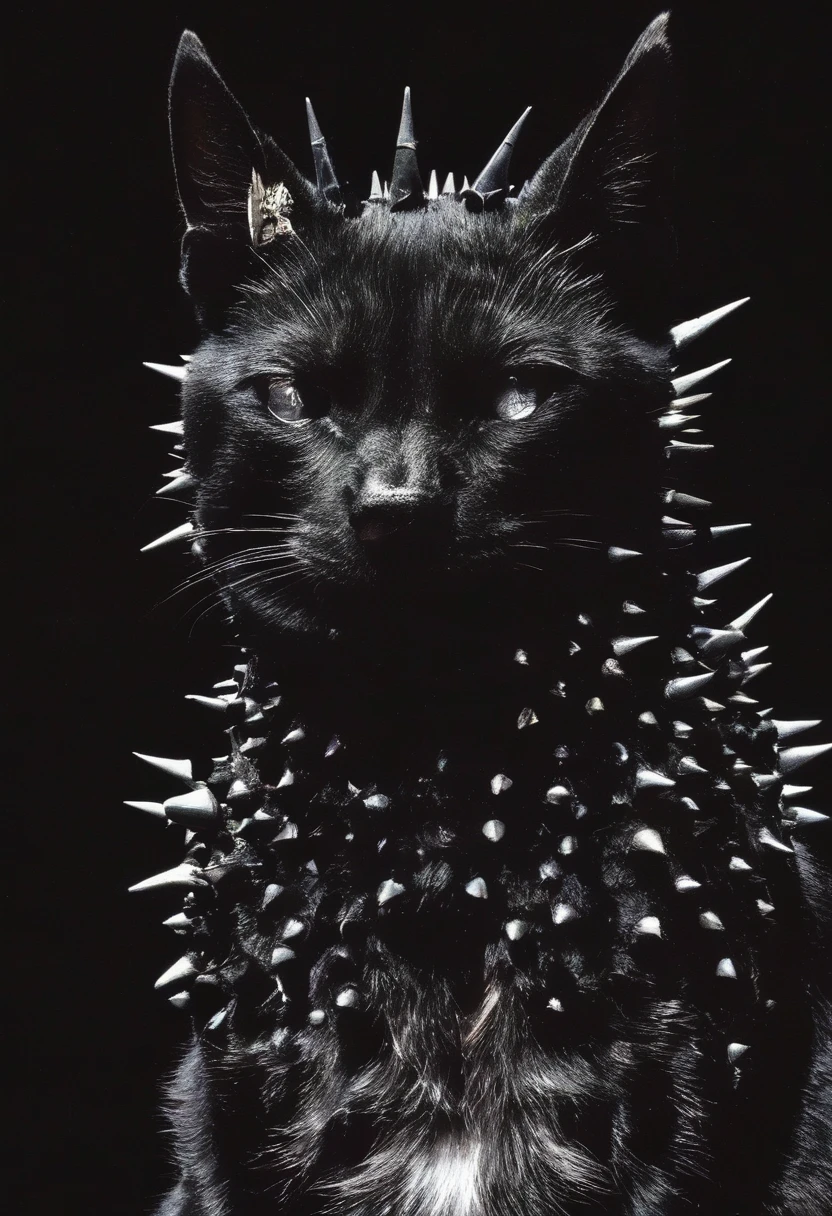 a cat with a spiked collar and spikes on its head is shown in the dark with a black background