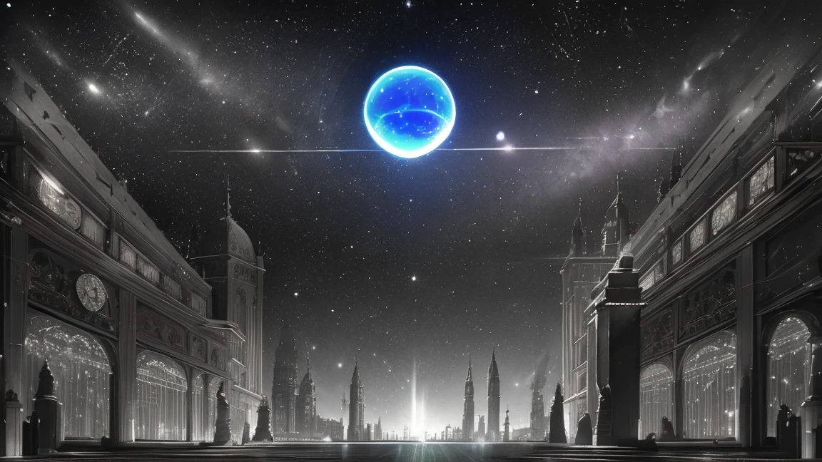 Create an image of a night sky with celestial bodies, inspired by a retro, mechanical stage set design. The scene should include intricate gears and machinery that appear to control the movement of the stars and planets. The stars should be depicted as if they are hanging from the ceiling by piano wires. The backdrop is a deep, starry sky with prominent celestial spheres, reminiscent of an old astronomical map. The foreground features whimsical, slightly vintage buildings and pine trees, with a magical, otherworldly atmosphere. And, there is mechanical 20 years old woman.