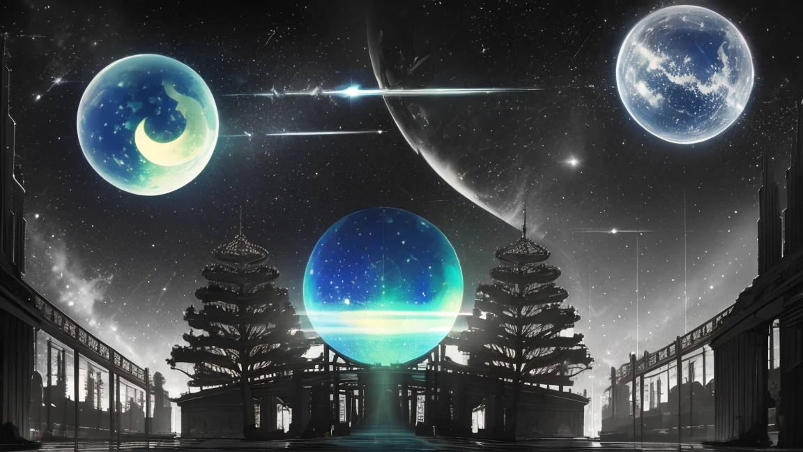 Create an image of a night sky with celestial bodies, inspired by a retro, mechanical stage set design. The scene should include intricate gears and machinery that appear to control the movement of the stars and planets. The stars should be depicted as if they are hanging from the ceiling by piano wires. The backdrop is a deep, starry sky with prominent celestial spheres, reminiscent of an old astronomical map. The foreground features whimsical, slightly vintage buildings and pine trees, with a magical, otherworldly atmosphere. And, there is mechanical 20 years old woman.