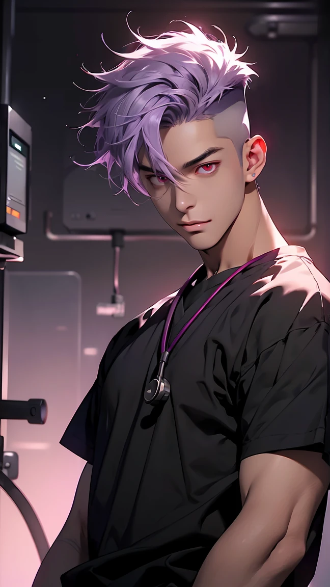 highest quality, 8K, high resolution image, anime style Jujutsu Kaisen, (Cell of Empireo/Seodoa Riddle), detailed strokes, bored look , blurred, purple light reflecting from it, (close angle), 1 man, young, male, model, hand in pocket, cool guy, multicolored Background with various geometric shapes, around stickers, muscular, light purple hair, spiky hair, short Hair, swollen chest, Red Eyes, He is wearing hospital clothes, stethoscope, shirt/scrubs, sweatpants, Background: big City hospital, He is a doctor in a hospital, he has a professional understanding compassionate aura, doctor, hospital, treatment room,