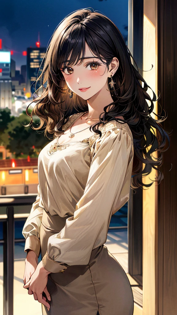 (masterpiece:1.3, Highest quality, Ultra-high resolution, Super detailed), (Realistic, photoRealistic:1.4), Beautiful illustrations, Perfect lighting, colorful, Depth of written boundary,
Beautiful detailed hair, Beautifully detailed face, Beautiful fine details, Beautiful clavicle, Beautiful body, 美しいLarge , Beautiful thighs, Beautiful feet, Beautiful fingers,
View Viewer、Front view:0.6, Beauty1人, Japanese, Beauty、30 years old, Perfect Face, (Perfect Anatomy, Anatomically correct), Cute and symmetrical face, Baby Face, , Shiny skin,
((Beige blouse:1.4)),((Long skirt 1.5))
(Black Hair, Medium Wavy Hair:1.4), Dark brown eyes, (Large Breasts body,
necklace, (Small earrings:1.3),
(Beautiful views), (night), (city, cityscape in the distance), Standing with good posture, A soft smile、(Smile, Lips parted),