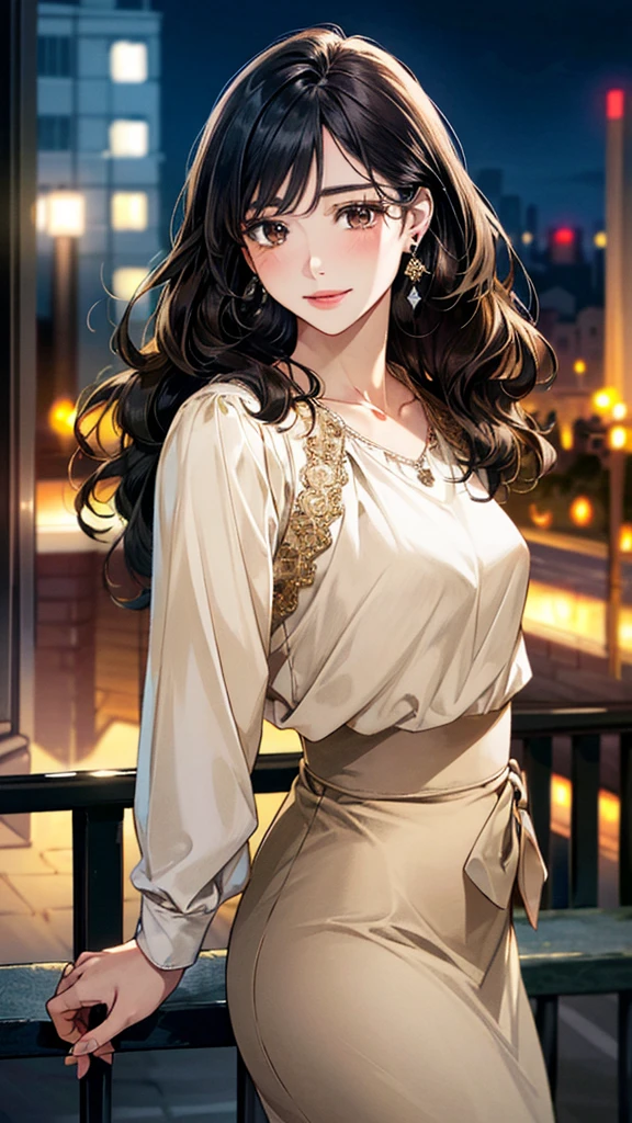 (masterpiece:1.3, Highest quality, Ultra-high resolution, Super detailed), (Realistic, photoRealistic:1.4), Beautiful illustrations, Perfect lighting, colorful, Depth of written boundary,
Beautiful detailed hair, Beautifully detailed face, Beautiful fine details, Beautiful clavicle, Beautiful body, 美しいLarge Breasts, Beautiful thighs, Beautiful feet, Beautiful fingers,
View Viewer、Front view:0.6, Beauty1人, Japanese, Beauty、30 years old, Perfect Face, (Perfect Anatomy, Anatomically correct), Cute and symmetrical face, Baby Face, , Shiny skin,
((Beige blouse:1.4)),((Long skirt 1.5))
(Black Hair, Medium Wavy Hair:1.4), Dark brown eyes, (Large Breasts), Slim body,
necklace, (Small earrings:1.3),
(Beautiful views), (night), (city, cityscape in the distance), Standing with good posture, A soft smile、(Smile, Lips parted),