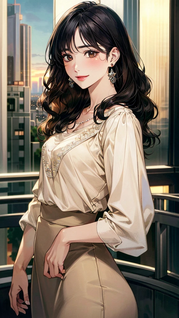 (masterpiece:1.3, Highest quality, Ultra-high resolution, Super detailed), (Realistic, photoRealistic:1.4), Beautiful illustrations, Perfect lighting, colorful, Depth of written boundary,
Beautiful detailed hair, Beautifully detailed face, Beautiful fine details, Beautiful clavicle, Beautiful body, 美しいLarge Breasts, Beautiful thighs, Beautiful feet, Beautiful fingers,
View Viewer、Front view:0.6, Beauty1人, Japanese, Beauty、30 years old, Perfect Face, (Perfect Anatomy, Anatomically correct), Cute and symmetrical face, Baby Face, , Shiny skin,
((Beige blouse:1.4)),((Long skirt 1.5))
(Black Hair, Medium Wavy Hair:1.4), Dark brown eyes, (Large Breasts), Slim body,
necklace, (Small earrings:1.3),
(Beautiful views), (night), (city, cityscape in the distance), Standing with good posture, A soft smile、(Smile, Lips parted),