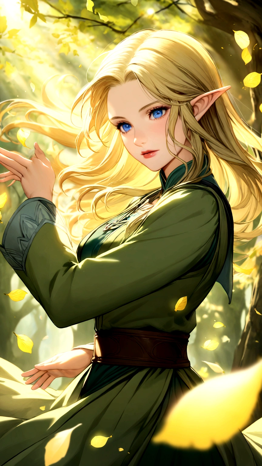 Tauriel, the elf from The Hobbit movie, best quality, ultra-detailed CG unity 8k wallpaper, floating, high resolution, dynamic pose, beautiful face, (blue eyes:1.2, yellow hair:1.3, green clothes), depth of field, white forest, golden leaves, magic light)