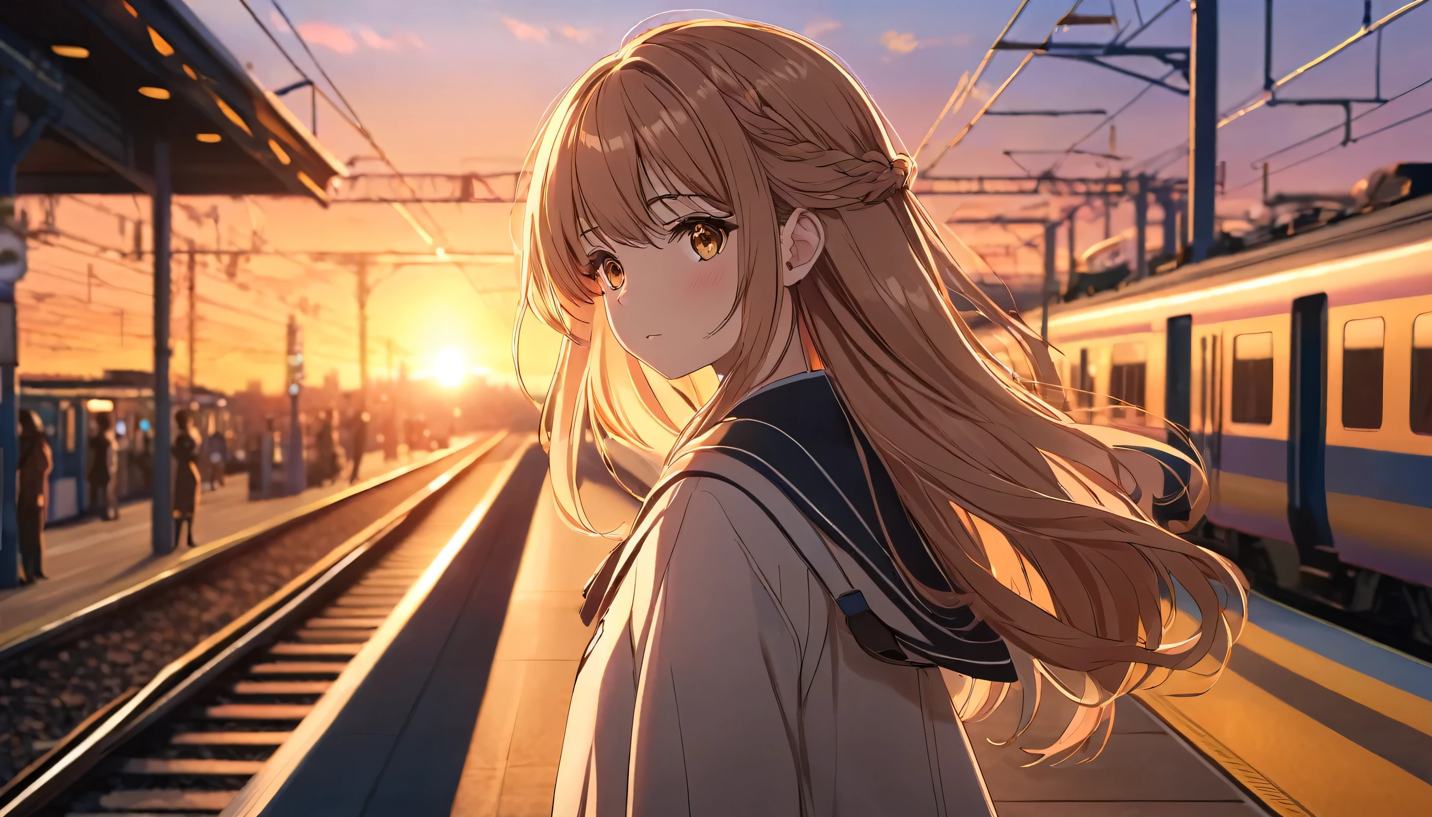 a beautiful young girl waiting for the train on a train platform, sunset, anime style, detailed face, long hair, detailed outfit, cinematic lighting, highly detailed, 8k, photorealistic, warm colors, glowing sunset sky, detailed train in the background, detailed platform structure, slight motion blur