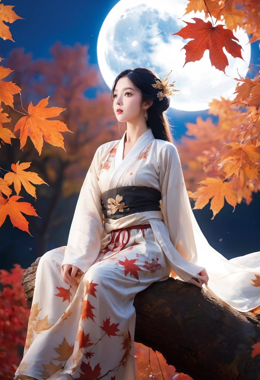 (masterpiece, best quality:1.2), full moon,A huge moon,moonlight,1girl,Girl's posture,autumn,autumn leaves,black hair,branch,breasts,falling leaves,in tree,Sitting on the trunk of a tree,Close range,Diagonal body,full body,Blue Hanfu,night,leaf,lips,long sleeves,looking at viewer,maple leaf,outdoors,sitting in tree,solo,tree,water
